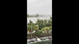 Hurricane Ian creates intense winds blowing palm trees in Key West Florida