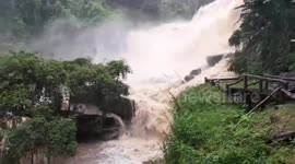 Thunderous torrents cascade over waterfall amid Typhoon Noru runoff in Thailand