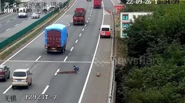 Brave man runs into traffic to remove giant logs from highway in China