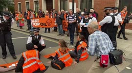 Newsflare Edit - Just Stop Oil activists once again glue themselves to the roads in Westminster, demanding an end to fossil fuels. Video shows the activists blocking Millbank.