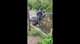 Toddler slips into muddy water after laughing at stepdad for almost going in