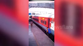 Reckless man tries to board moving train and risks his life