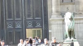 Police surrounds the Paris City Hall after its invasion by migrants at the initiative of the Chapelle Debout housing activists. They announce that they are ready to occupy the building day and night if a solution is not found to their housing problem. 7 o
