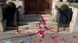 The entrance to the Farlows store on the Pall Mall is covered in red paint (fake blood) after the Animal Rebellion activist action in central London.