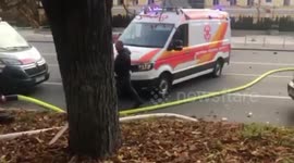 Ambulances and firefighters respond to Russian rocket attack on Kyiv, Ukraine