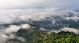 Aerial Footage Of Cloudy Mountains In Santang Village, China