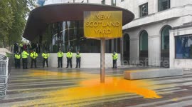 Extinction Rebellion protestors throw paint over London police's New Scotland Yard sign