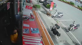 Energetic but naughty husky pulls owner over as she cleans up its mess in Thailand