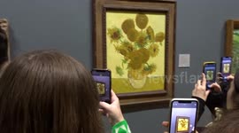 Crowds gather around Van Gogh's Sunflowers after famous painting survives soup attack by climate activists