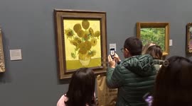 Crowds celebrate survival of Van Gogh's Sunflowers painting after soup attack by climate activists