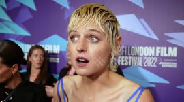 Emma Corrin red carpet interview about Lady Chatterley's Lover and female sexuality, at London film premiere