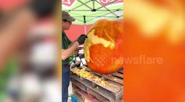 Professional pumpkin carver spends eight hours turning giant vegetables into impressive sculptures