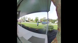 Adorable Amazon delivery driver delivers package, takes a tumble, and cleans up his tracks before leaving