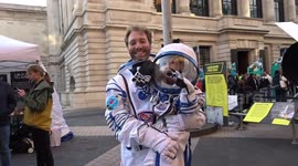 Little austronaut spotted next to LauncherOne replica rocket in South Kensington