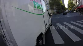 A truck cuts the road and hits an electric kickscooter rider. Paris. This is one of the most dangerous crossroads in Paris, France. Intersection Boulevard Montparnasse, Avenue du Maine, rue de Vaugirard, next to the Necker children Hospital. 22 oct 2022.
