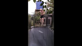 Boy's cool flip attempt gets messed up after friend drops crash mat on him