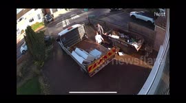 Can of expanding foam sprays UK tradesmen loading up skip