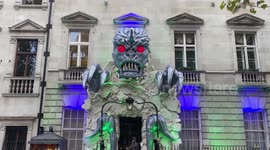 Annabel's showcasing a creepy alien Halloween decoration on the facade of a private membership club in Berkeley Square, London.