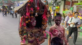 Halloween revellers party on tourist hotspot Khaosan Road in Bangkok