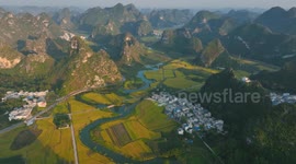 Drone Footage Of Farmland Surrounded by Mountains in Chongzuo, China