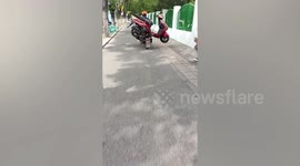 Pedestrian avoids being hit by motorbike transported on scooter in China