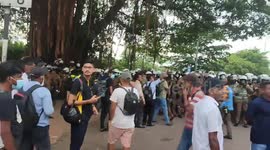 Police closed the road obstructing the peaceful march in Colombo, Sri Lanka