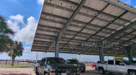 Vehicles parked beneath a solar panel array