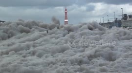 Build up of sea foam on Blackpool promenade