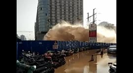 Massive water blows out from broken pipe