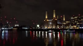 Bonfire Night fireworks outside Battersea Power Station viewed across the River Thames