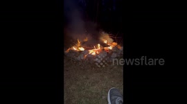 Bonfire lit up for Bonfire night in Somersworth, NH, USA