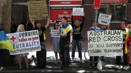 Ukrainians and their supporters protest against the Red Cross in Sydney, Australia