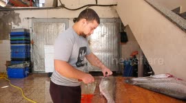 Palestinians clean fish at a market in Al-Shati refugee camp