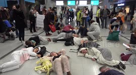 Climate activists wearing pajamas and holding teddy bears take nap at French airport