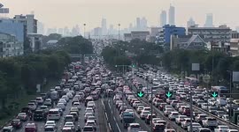 Fourteen lands of gridlocked traffic during rush hour in Bangkok, Thailand