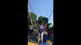 Woman narrowly escapes injury in terrifying trampoline accident