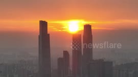 High-rise Buildings in the ASEAN Business District At Sunrise in Nanning, China