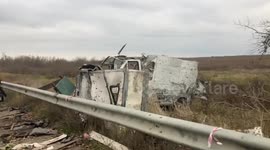 Footage of sappers manually inspecting fields in the Kherson region for mines and exploded birdge, road