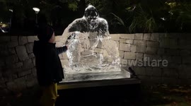 Winter Ice Festival at Canary Wharf. Ice Trail in Jubilee Park Ice at night