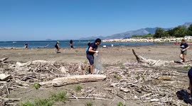 Volunteers of the Plastic Free association collect the waste brought by the flood of the river and the strong storms. Mouth of the Garigliano river which with its 38km length separates the Lazio region from the Campania region, making it also one of the m