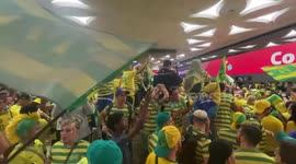 Brazil fans celebrate in metro station following World Cup win in Qatar