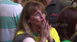 Fans celebrate World Cup goal scored by Casemiro against Switzerland in Sao Paulo, Brazil