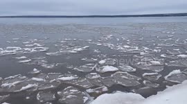 Pancake ice forms along Lake Superior shore in Wisconsin