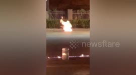 Flames emerge on road due to gas leak in eastern China