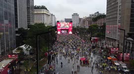Aerial footage of Brazil fans watching Brazil VS South Korea on a big screen in Sao Paulo, Brazil