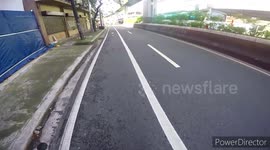Kind motorcycle rider pulls over busy road to save stranded stray kitten