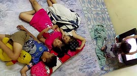 Three siblings help little sister when heavy television set falls onto her