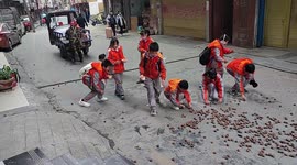 Chinese pupils help pick up walnuts scattered on road for three-wheeler rider