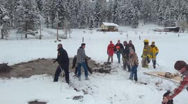 Dramatic footage shows community team up to rescue four horses that fell through ice into freezing pond