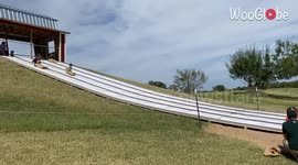 Eager boy finds potato sack slide to be a bit too adventurous for his liking